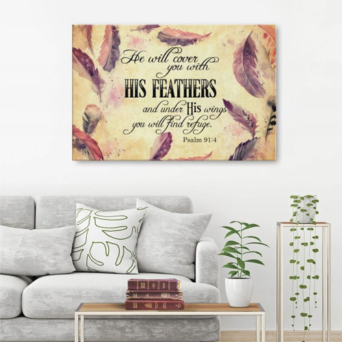 Bible verse wall art: Psalm 91:4 NIV He will cover you with his feathers Christian Canvas, Bible Canvas, Jesus Canvas Wall Art Ready To Hang print