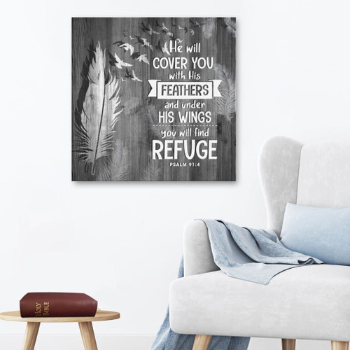 Scripture wall art: He will cover you with his feathers Psalm 91:4 Christian Canvas, Bible Canvas, Jesus Canvas Wall Art Ready To Hang, Canvas print
