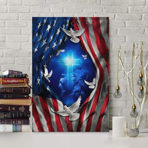 Jesus lion American flag of faith Wall Art Christian Canvas, Bible Canvas, Jesus Canvas Wall Art Ready To Hang, Canvas
