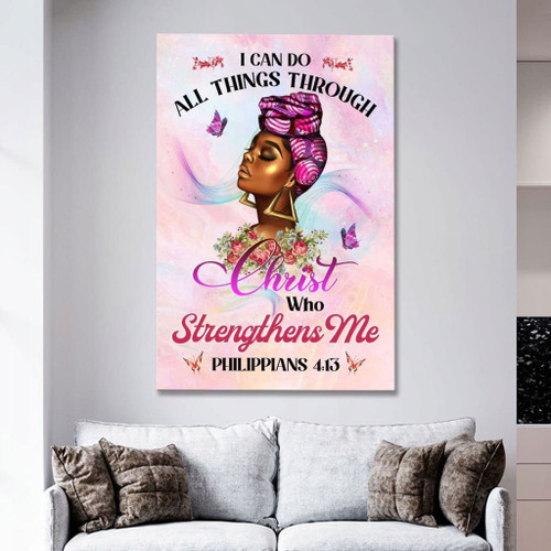 Black woman I can do all things through Christ wall art Christian Canvas, Bible Canvas, Jesus Canvas Wall Art Ready To Hang, Canvas