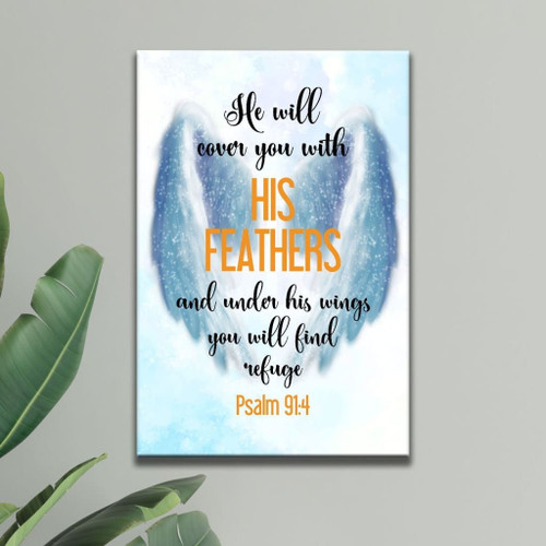 He will cover you with his feathers Psalm 91:4 Bible verse wall art Christian Canvas, Bible Canvas, Jesus Canvas Wall Art Ready To Hang