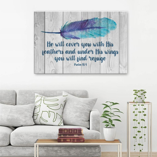 He will cover you with his feathers Psalm 91:4 Bible verse wall art Christian Canvas, Bible Canvas, Jesus Canvas Wall Art Ready To Hang, Canvas