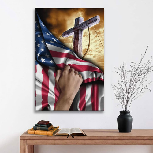 Christian wall art: Cross Christ American flag hand Christian Canvas, Bible Canvas, Jesus Canvas Wall Art Ready To Hang print