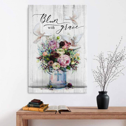 Christian wall art: Bloom with grace, Dove, Floral Christian Canvas, Bible Canvas, Jesus Canvas Wall Art Ready To Hang, Canvas