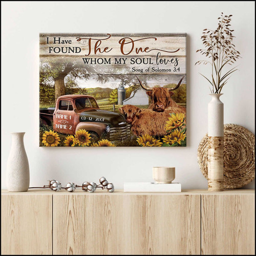 Custom Canvas Prints Personalized Gifts Wedding Anniversary Gifts I have found the one my soul loves Couple Highland cattle and Farm Truck and Sunflowers Wall Art Decor Gossvibe