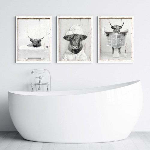 Funny Scottish Highland Cattle Bathroom Canvas Print Art - Set of 3 Prints