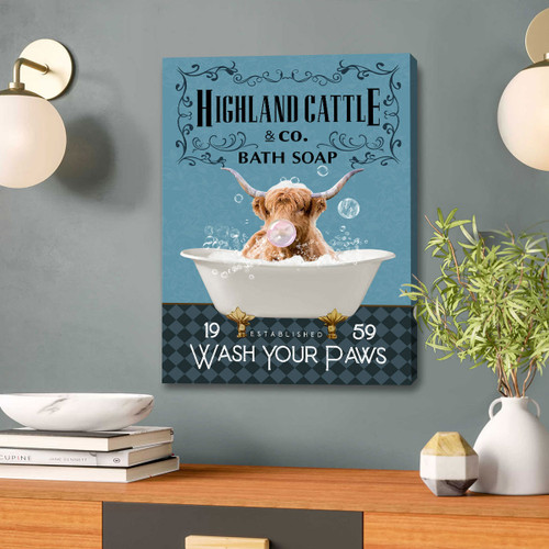 Funny Scottish Highland Cow In Bathtub Canvas Print Art