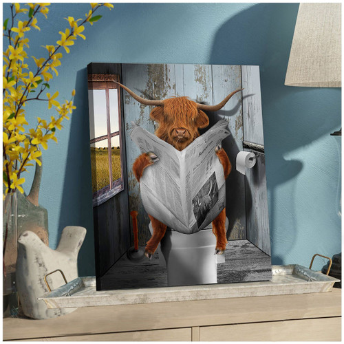 Funny Scottish Highland Cow In Toilet Canvas Print Art