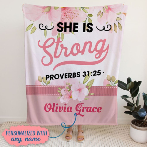 She is strong Proverbs 31:25 personalized name blanket - Christian Blanket, Jesus Blanket, Bible Blanket - Spreadstores