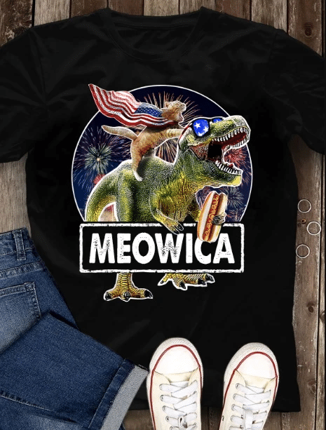 4Th Of July Shirt, Funny Shirt, Meowica Cat T Rex Dinosaur American Flag T-Shirt - spreadstores