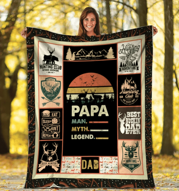 Dad Loves Hunting Blanket Papa Man Myth Legend, Gift For Dad Hunter Fleece Blanket, Gift Ideas For Father's Day - spreadstores