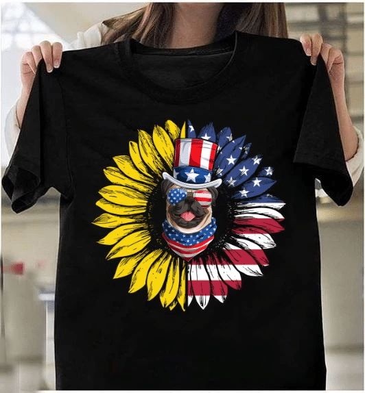 4th Of July Shirt, Pug Dogs Patriotic American Flag Shirt, Funny Pug And Sunflower T-Shirt - spreadstores