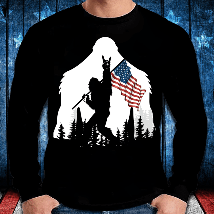 Bigfoot Rock And Roll USA Flag in The Forest Long Sleeve - spreadstores