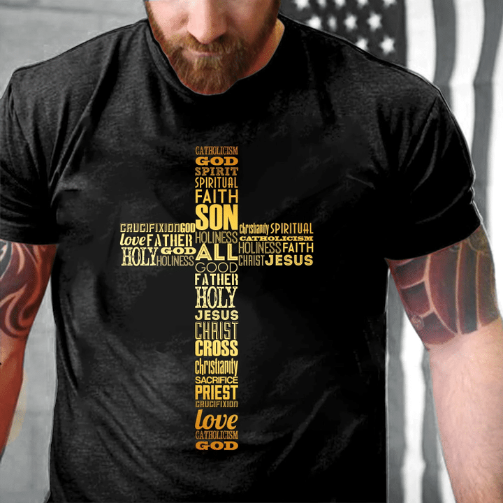 Christian Cross Shirt, Jesus Shirt, Gothic Celtic Cross Golden T-Shirt - spreadstores