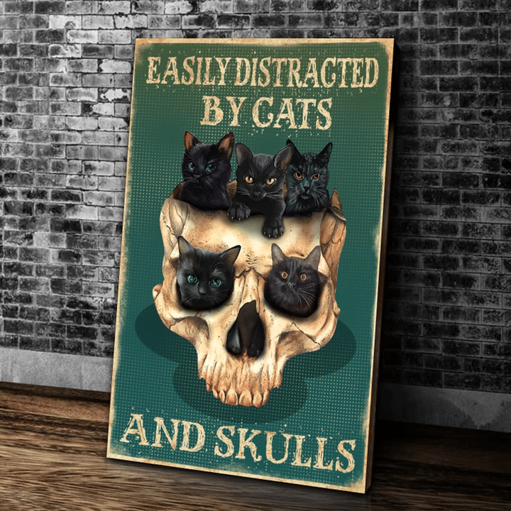 Black Cat Canvas Easily Distracted By Cats And Skulls Matte Canvas - spreadstores