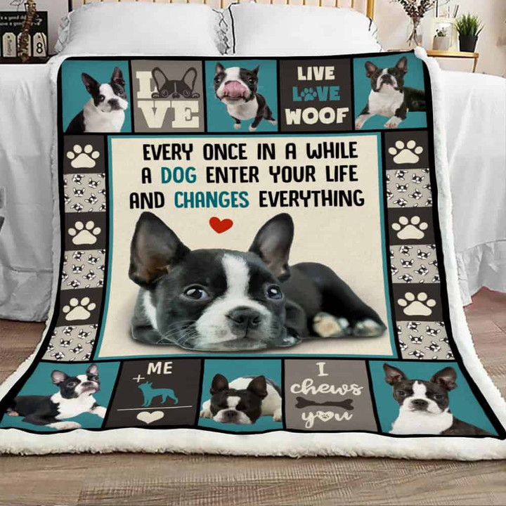 Every Once In A While, A Dog Enter Your Life, Boston Terrier Dog Sherpa Blanket - Spreadstores