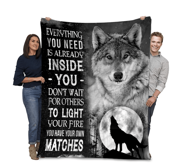 Everything You Need Is Already Inside You Grey Wolf Fleece Blanket - Spreadstores