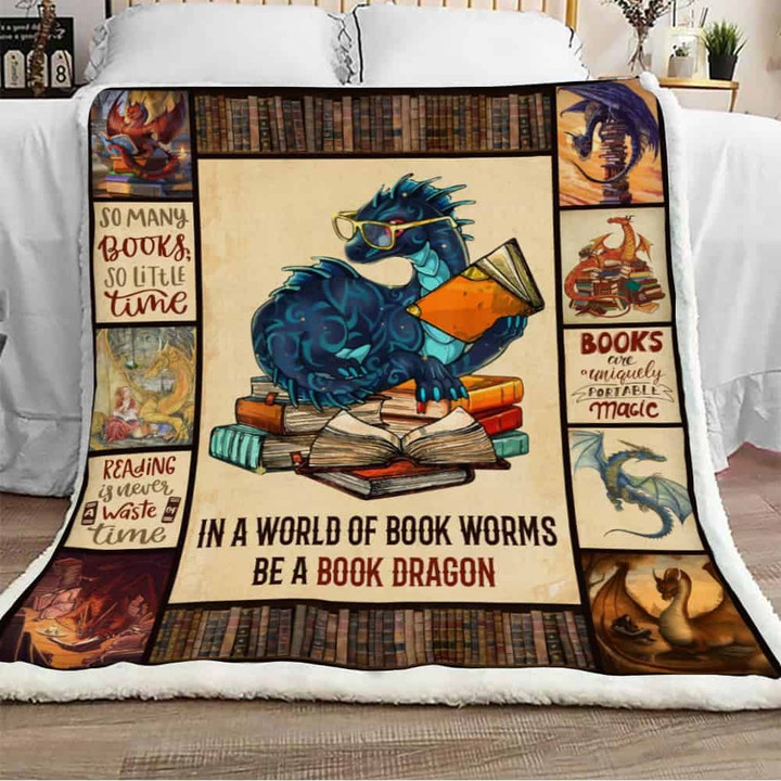 In A World Of Book Worms Be A Book Dragon Book Sherpa Blanket - Spreadstores