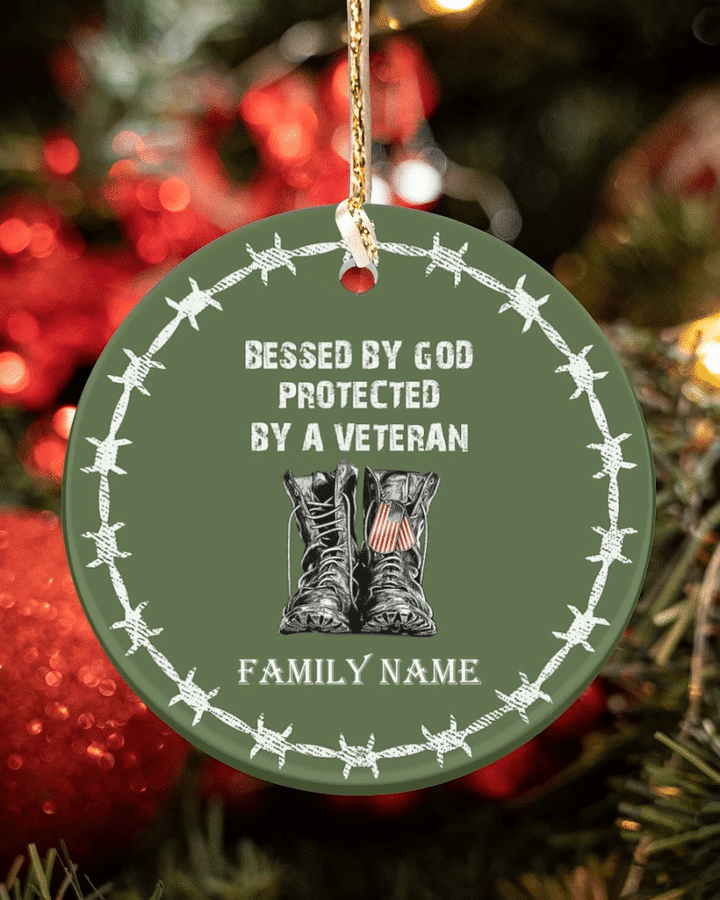 Veteran Ornament, Custom Name Ornament, Blessed By God Protected By A Veteran Circle Ornament (2 Sided) - Spreadstores