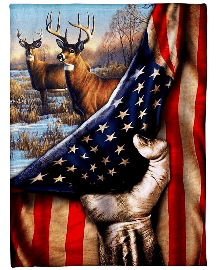 White-tailed Deer, Behind In The Flag, Gift For Hunter Fleece Blanket - Spreadstores