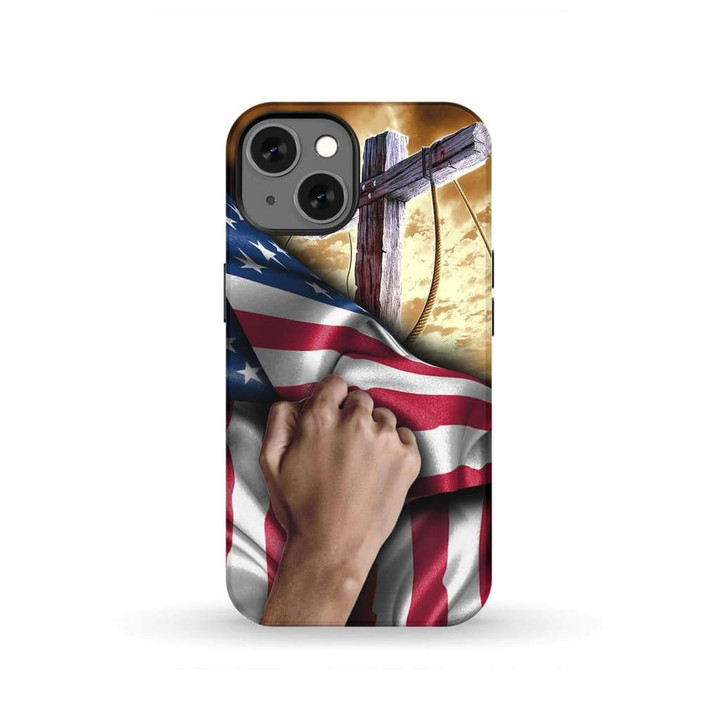 Hand pulling American flag with cross phone case