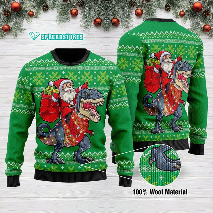 Funny Santa Tree Rex Merry Christmas Ugly Christmas Sweater Green Adult For Men & Women
