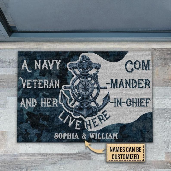 Veteran Welcome Rug, Custom Doormat, Personalized Navy Veteran Her Commander-In-Chief Live Here Doormat - Spreadstores