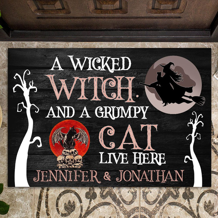 A Wicked Witch And A Grumpy Cat Live Here Rubber Base Doormat
