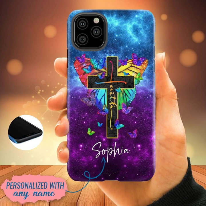 Faith cross butterfly custom name iPhone case - Personalized Christian gifts