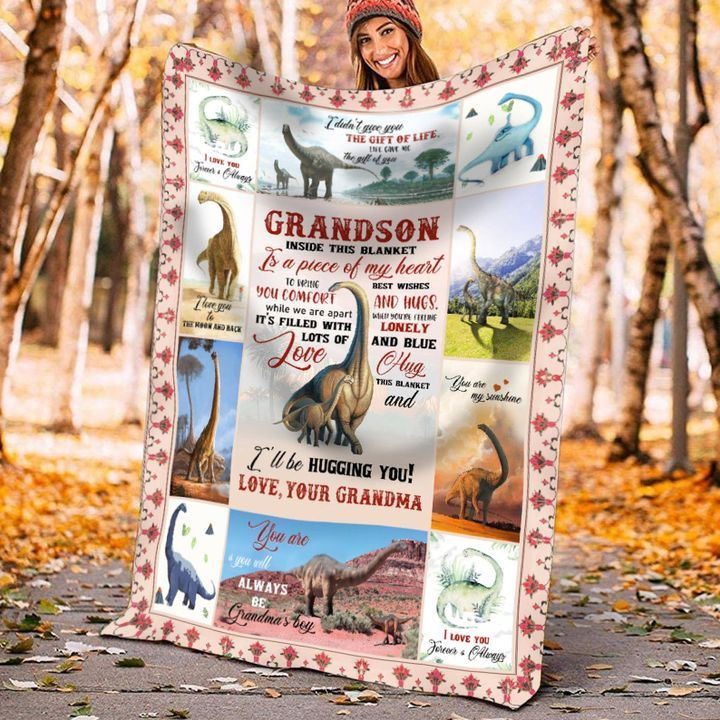 Personalized To My Grandson Dinosaur Fleece Blanket From Grandma I'll Be Hugging You - Spreadstores