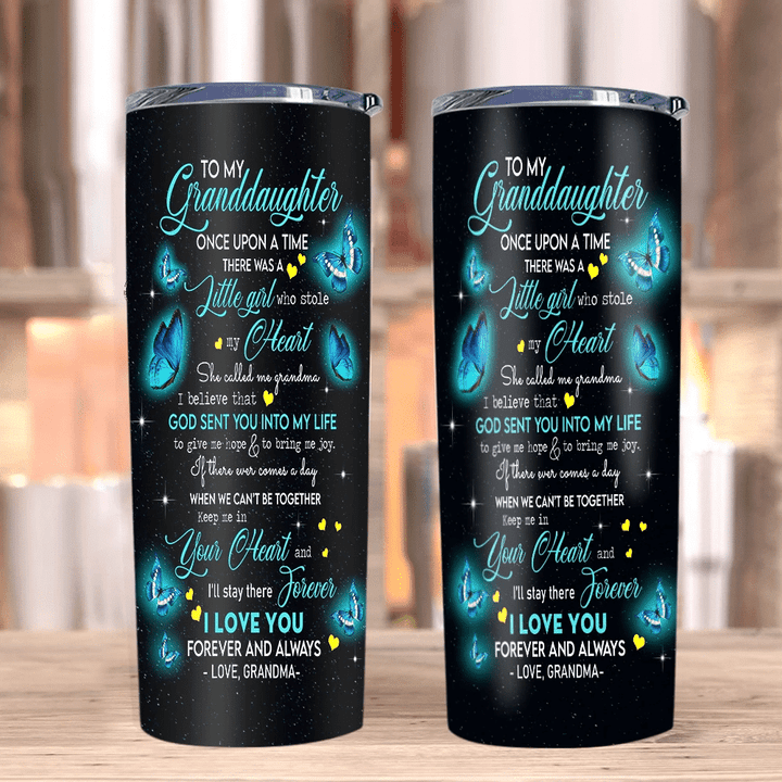 Personalized To My Granddaughter Once Upon A Time There Was A Little Girl Blue Butterflies Skinny Tumbler - Spreadstores