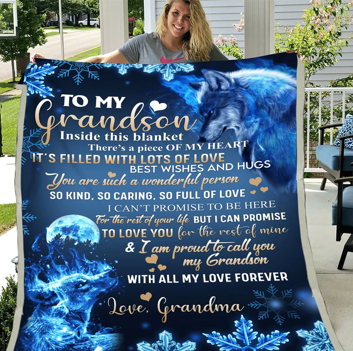Personalized Grandson Blanket To My Grandson Inside This Blanket There Is A Piece Of My Heart Wolf Fleece Blanket - Spreadstores