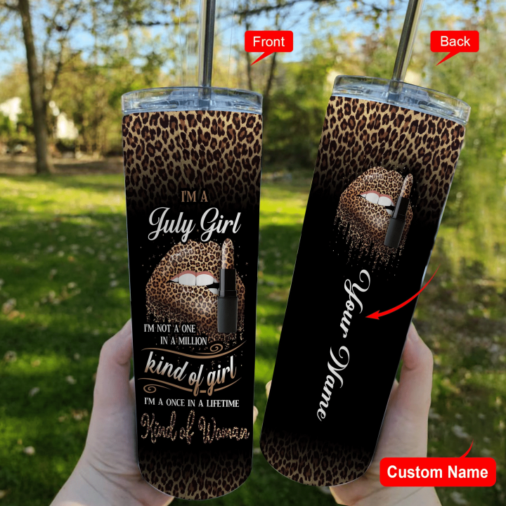 Personalized Leopard Tumbler, Custom Name Gift, Birthday Gift For Girls, I Am A July Girl Skinny Tumbler - Spreadstores