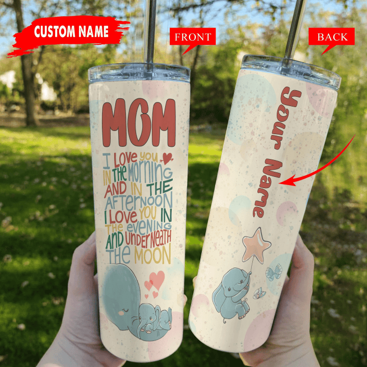 Personalized Mom Tumbler, Mother's Day Gift, Dear Mom I Love You In The Morning Elephant Skinny Tumbler - Spreadstores