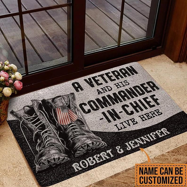 Personalized Veteran Couple Welcome Rug, Custom Doormat, A Veteran And His Commander Doormat, Housewarming Gift - Spreadstores