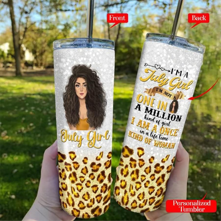 Personalized July Girl Leopard Glitter Tumbler, Birthday Gift Ideas, I Am July Girl Skinny Tumbler, Gift For Girls - Spreadstores