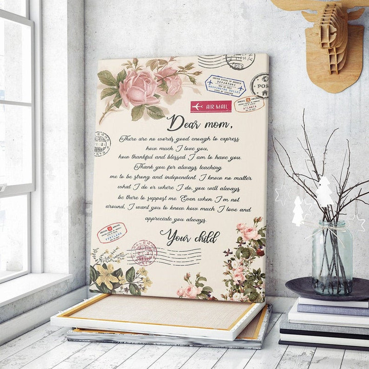 Best Gift For Mother's Day, Personalized Floral Air Mail Letter To Mom Canvas, Dear Mom There Are No Words Canvas - spreadstores