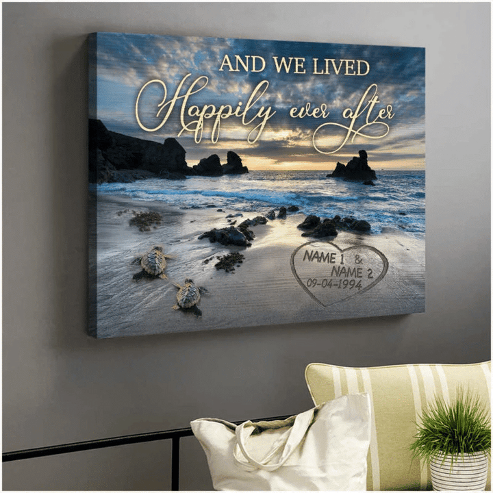 Personalized Canvas, Gift For Her, Gift For Him, Custom Name And Date Turtle And We Lived Happily Ever After - Spreadstores