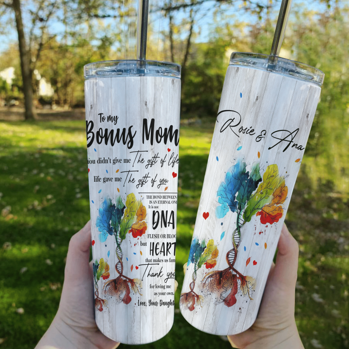 Personalized Bonus Mom Tumbler, Mother's Day Gift Ideas, Thank You For Loving Me As Your Own Skinny Tumbler - Spreadstores