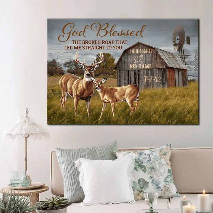 Personalized Canvas Wall Art Decor, Gift For Him Gift For Her, God Blessed The Broken Road Buck And Doe Deer Canvas - Spreadstores