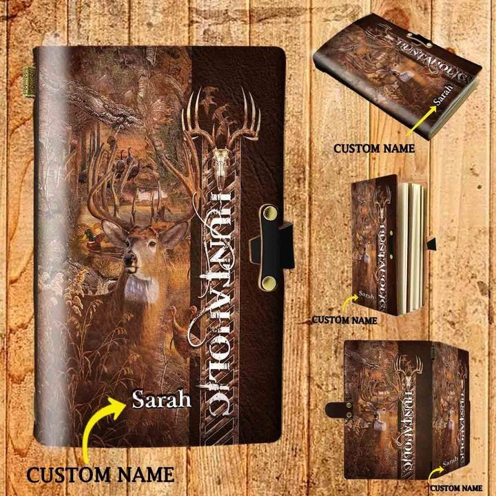 Spreadstore – Personalized Premium Leather Notebook Gift – Hunaholic deer Hunting Leather Notebook Custom Name – 1702 Notebook All Over Printed
