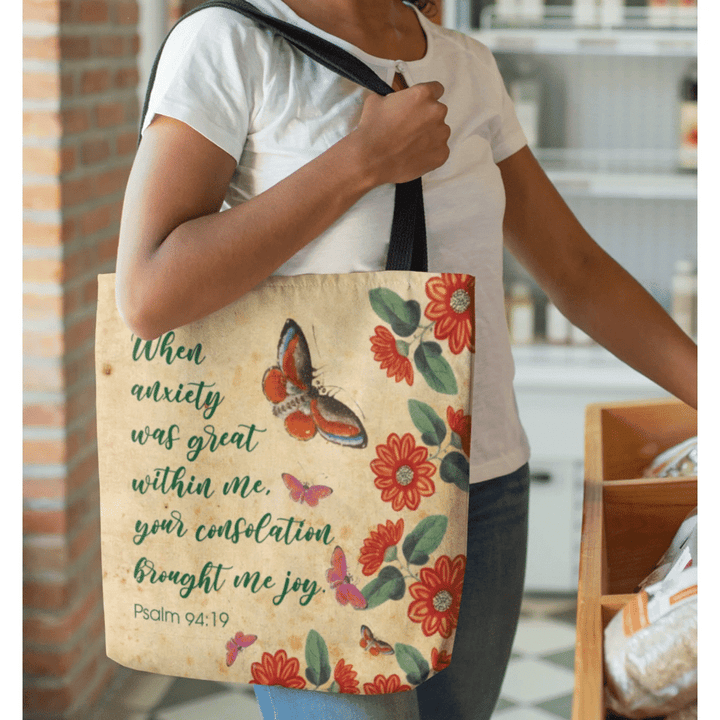 Psalm 94:19 When anxiety was great within me tote bag - Gossvibes