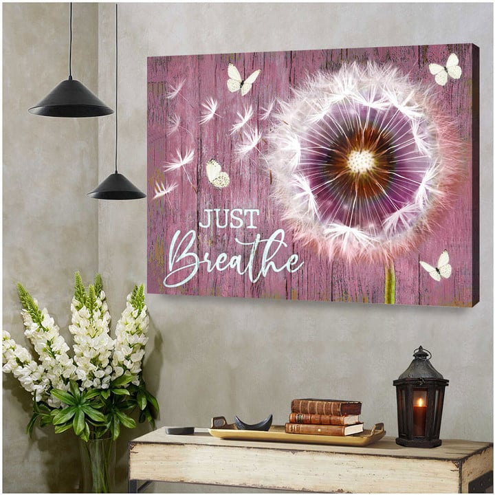 Gorgeous Dandelion and Butterfly Just Breathe Soft Pink BG Canvas Wall Art Decor