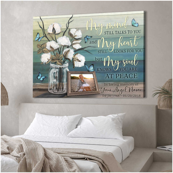 Custom Canvas Prints Personalized Gifts Memorial Photo Gifts Cotton Flower and Butterflies My Soul knows you are at peace Wall Art Decor Spreadstore - Personalized Sympathy Gifts