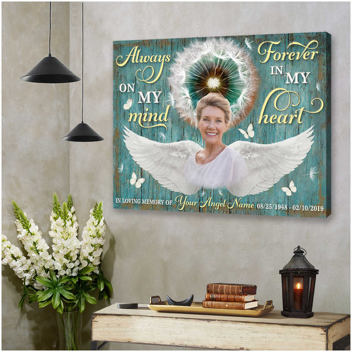 Custom Canvas Prints Personalized Gifts Memorial Photo Gifts Dandelion Butterflies and Angel Wings Always on my mind Forever in my heart Wall Art Decor Spreadstore - Personalized Sympathy Gifts