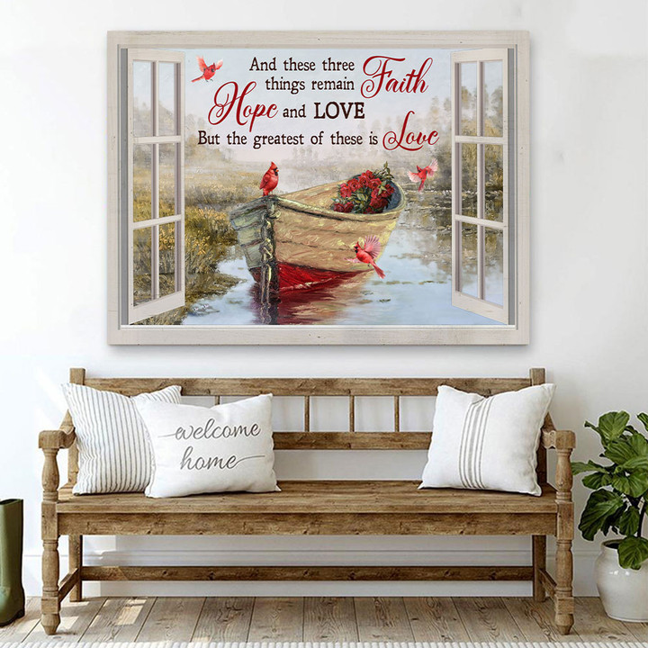 Cardinal drawing, Small boat, These three things remain Faith Hope and Love -Canvas Prints, Wall Art