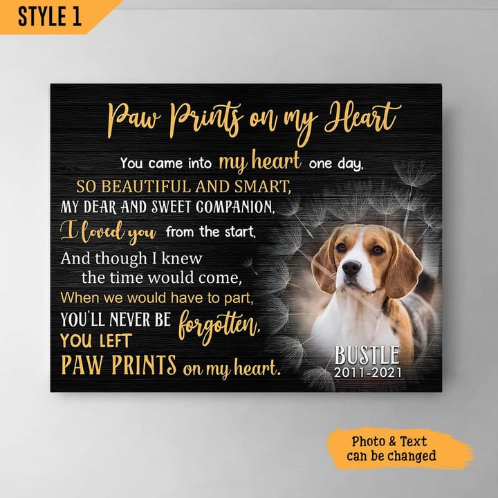 Paw Prints On My Heart Dog Horizontal Canvas Poster Framed Print Personalized Dog Memorial Gift For Dog Lovers
