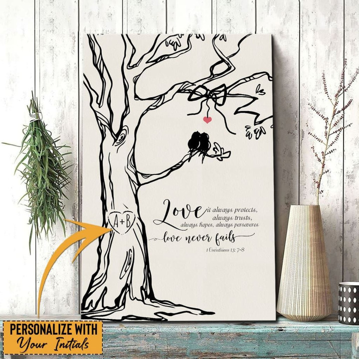 Personalized initials carved in tree love never fails canvas print - Personalized Christian gifts
