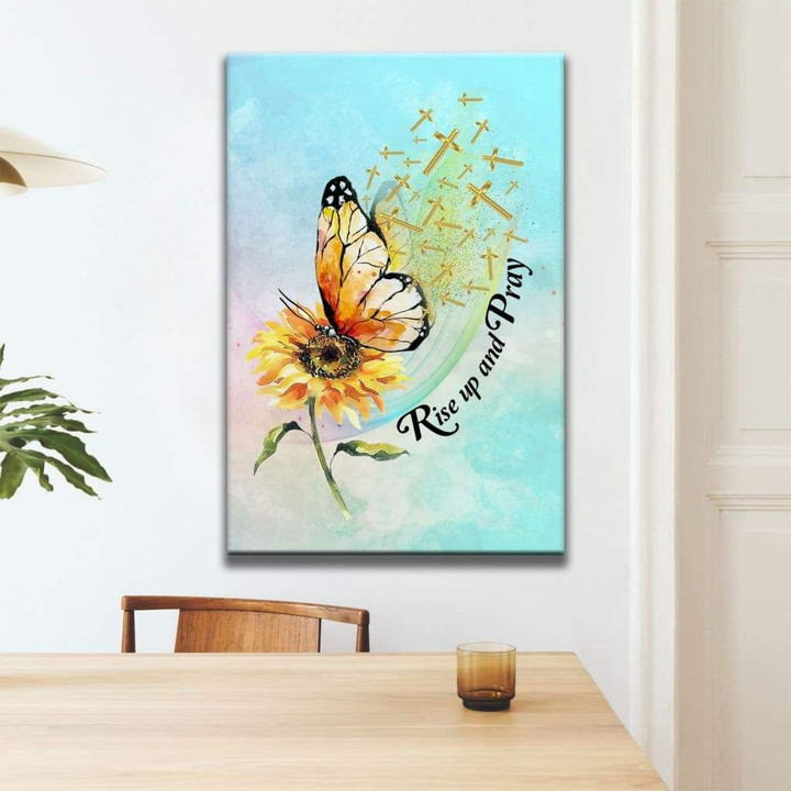 Christian wall art: Rise up and pray butterfly sunflower canvas print