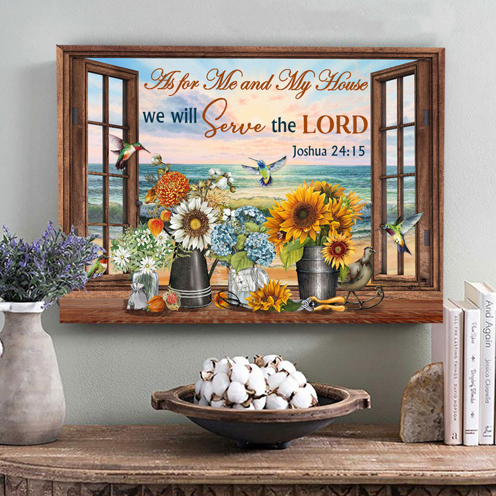 Hummingbird, Flowers, Beach - We will serve the Lord Jesus Landscape Canvas Prints, Wall Art